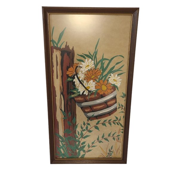 Vintage 70s Mid Century MCM Folk Art Framed Painting on Paper Flowers Daisies - Picture 1 of 10
